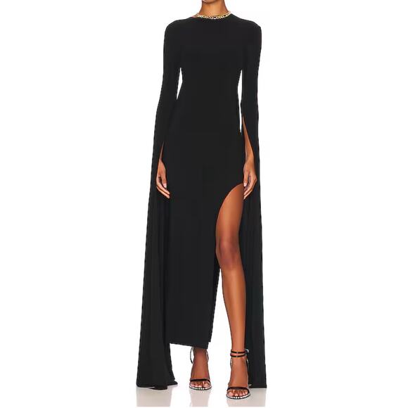 Norma Kamali Black Open Back Ribbon Sleeve Wide Slit Gown Women's Size S - Picture 1 of 5